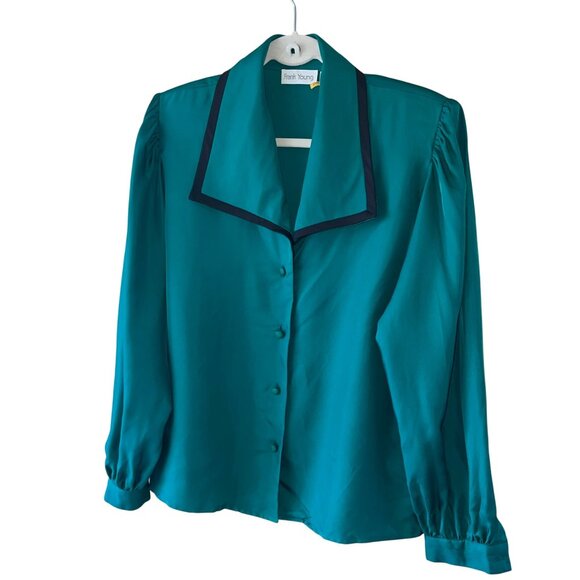 Frank Young Vintage Womens Blouse Size 10 Green Twill Collared Pure Silk - Picture 1 of 10